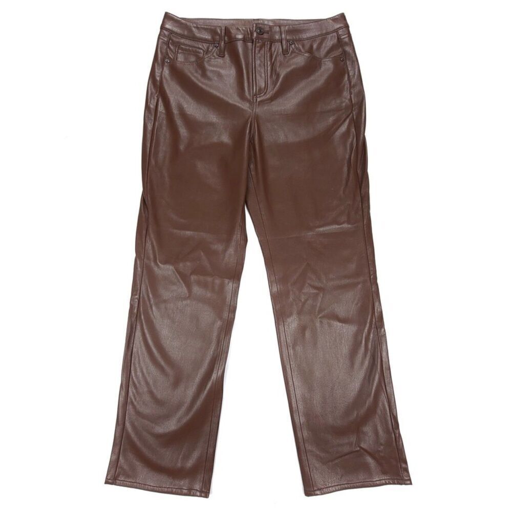 NEW Chicos Straight Faux Leather High Rise Ankle Pants 8 Chocolate Brown Minimal